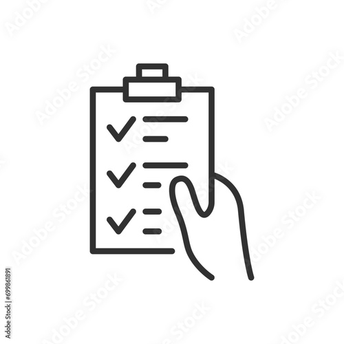 Hand holding the checklist with the checkmarks, linear icon. Line with editable stroke