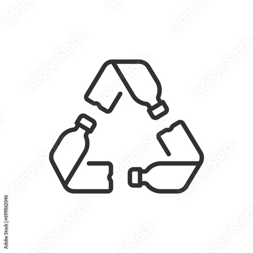 Recycling sign made from bottles, linear icon. Plastic recycling. Line with editable stroke