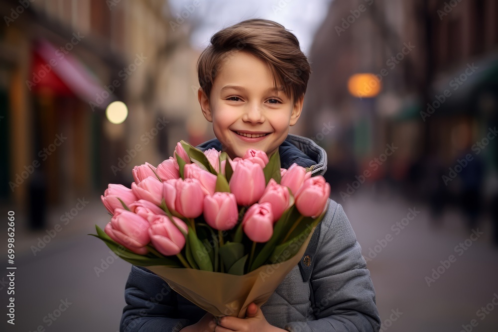Fototapeta premium A boy smiling and holding a bouquet of pink tulips. The concept of March 8. Women's Day