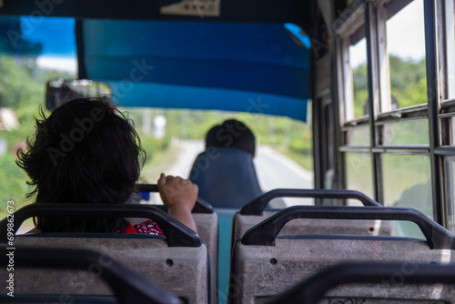 Принти на полотні Passenger view from inside a bus looking out onto the road ahead