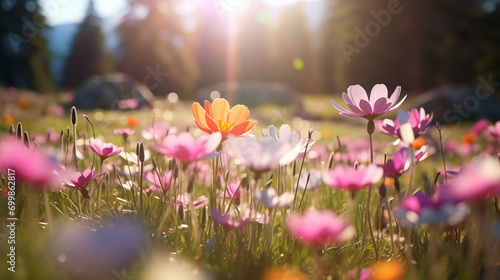 Beautiful meadow full of spring flowers on a sunny day, shallow depth of field, close up, sun rays