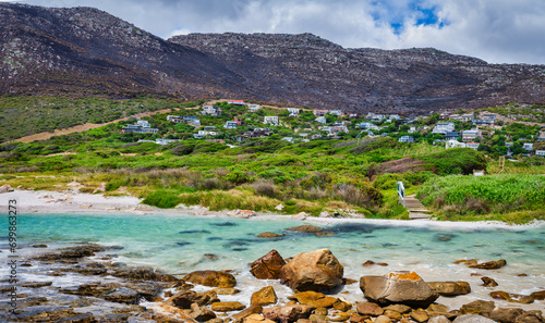 Scarborough Conservation Village with turquoise beach and boulders, Cape Peninsula, Cape Town, South Africa