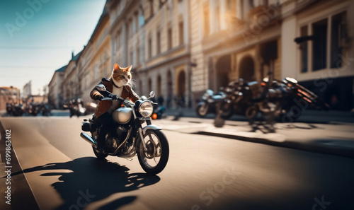 cat biker rides a motorcycle in a sunny city, cat motorcyclist