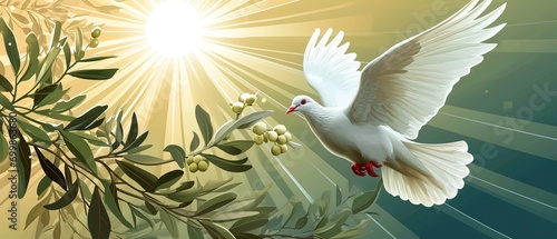 Illustration of a white dove carrying an olive branch. Symbol of Peace and Palm Sunday in Holy Week