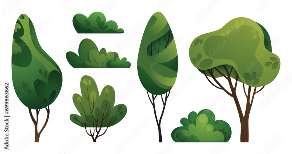 Green trees and bushes. Forest, garden, or park landscape plants. Collection of spring or summer tree and bush vector illustrations. Cartoon plants set for banners, cards, covers, and web design.