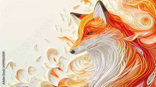 A paper quilled fox, with rich oranges and whites, skillfully positioned in the lower left corner, leaving a vast space above and to the right for copy.