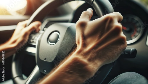 Man driving a car. Close up of male hands on steering wheel photo