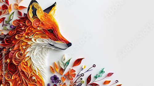 A paper quilled fox, with rich oranges and whites, skillfully positioned in the lower left corner, leaving a vast space above and to the right for copy.
