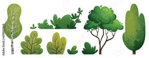Green trees and bushes. Forest, garden, or park landscape plants. Collection of spring or summer tree and bush vector illustrations. Cartoon plants set for banners, cards, covers, and web design.