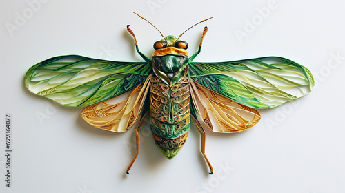 A vibrant, paper quilled cicada with detailed wings, in shades of green and brown, positioned on the upper left for text space on the right. photo