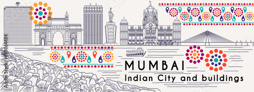 Mumbai skyline. Panorama of the Indian city of Mumbai with landmarks and famous buildings. Landscape with urban architecture and monuments. Cityscape with skyscrapers. Outline flat vector illustration