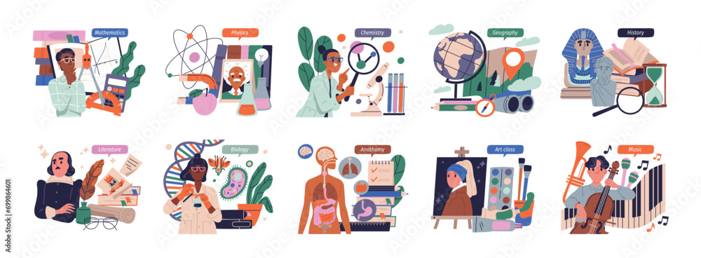 Fototapeta premium Set of school educational subjects. Maths, chemistry, history and biology. Lesson in class. Study and learning. Physics, literature and art. Cartoon flat vector collection isolated on white background