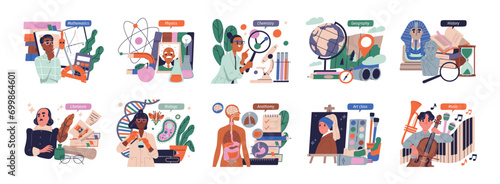 Set of school educational subjects. Maths, chemistry, history and biology. Lesson in class. Study and learning. Physics, literature and art. Cartoon flat vector collection isolated on white background