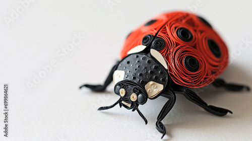 An exquisitely detailed paper quilled ladybug, with bright red and black spots, centered at the top.