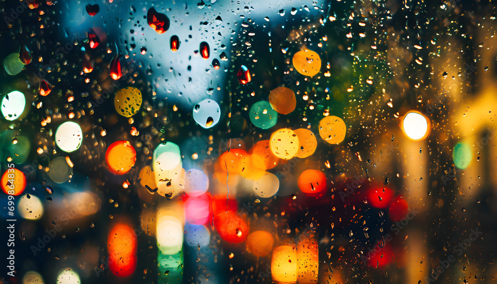 Krople deszczu na szybie, za którą świecą kolorowe światła miasta w nocy. - obrazy, fototapety, plakaty 