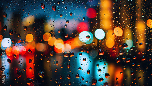 Krople deszczu na szybie, za którą świecą kolorowe światła miasta w nocy.