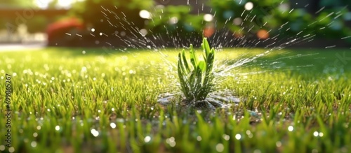 Automatic lawn sprinkler, watering green grass photo