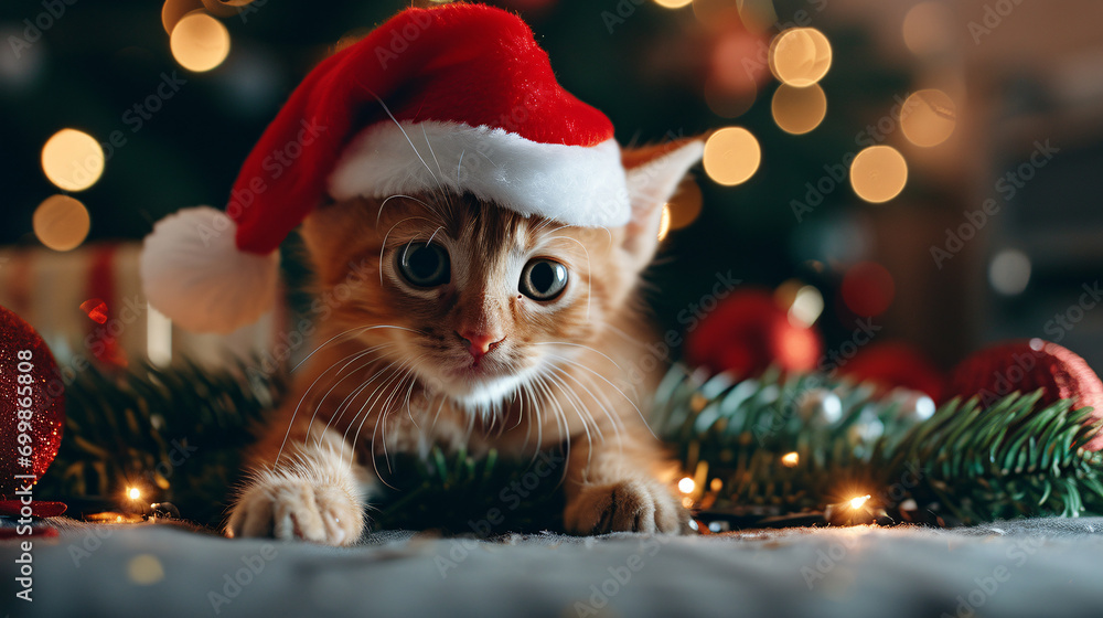 cute kitten playing with Christmas decorations cute kitten playing with Christmas decorations