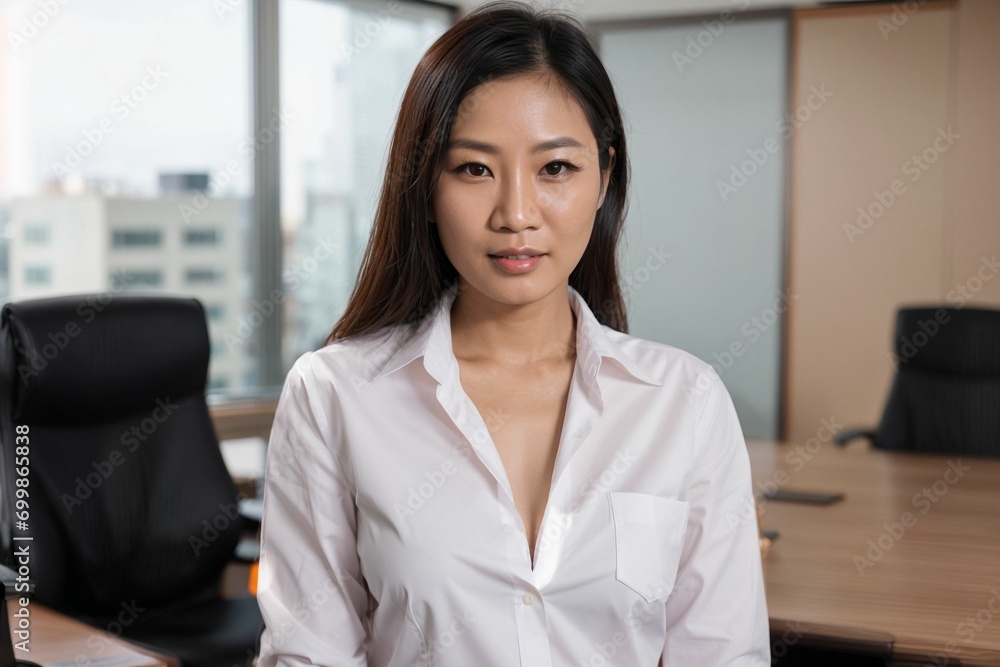 A professional worker in a business office environment wearing formal attire working in an office