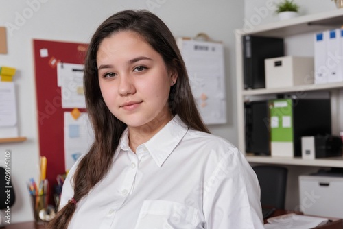 A professional worker in a business office environment wearing formal attire working in an office