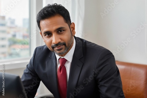 A professional worker in a business office environment wearing formal attire working in an office