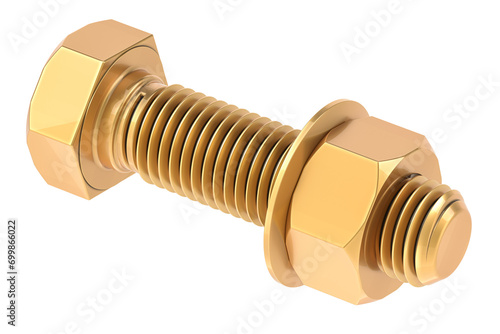 Copper bolt with nut and washer, 3D rendering isolated on transparent background