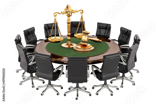 Quadro su tela Round table with wooden gavel and scales of justice, armchairs around, 3D render