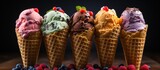 Assorted flavors of ice cream in cones on dark background