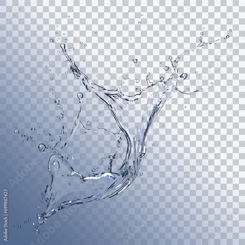 Transparent water splash on a transparent background. Water drops. Vector.