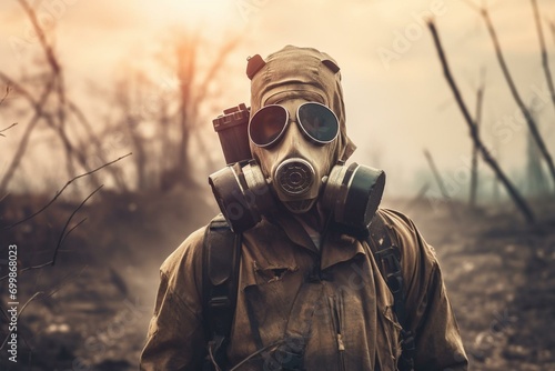 Survivor wearing gas mask in post-apocalyptic environment, depicting Armageddon and environmental disaster. Generative AI
