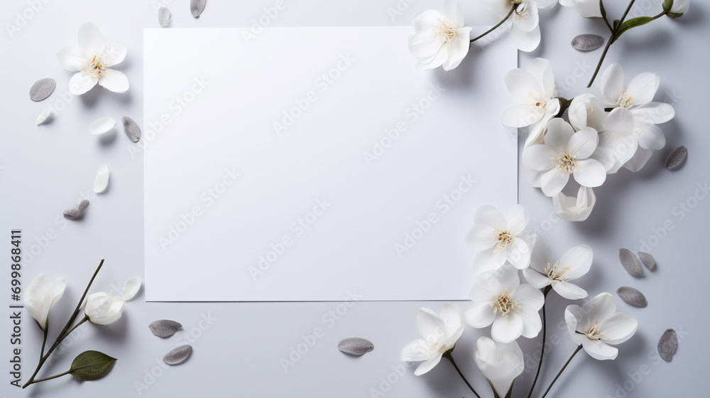 Feuille de papier blanc entourée de fleurs, plantes, branchages. Composition florale. Mock-up pour carte, création et conception graphique. Arrière-plan clair, épuré, naturel. Feuille de papier blanc entourée de fleurs, plantes, branchages. Composition florale. Mock-up pour carte, création et conception graphique. Arrière-plan clair, épuré, naturel.