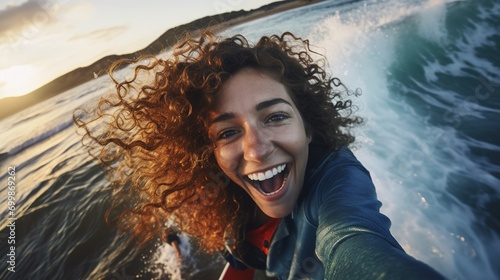 portrait of happy curly Gen Z girl on surfboard taking selfie with landscape and rocks, laughing fun, sea on sunny summer day, high quality photo © Ekaterina