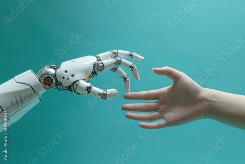 Robot pulls his hand to human hand. Technology meets humanity.