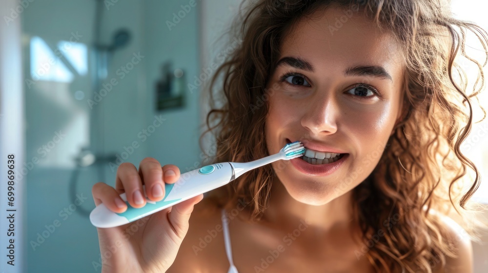 Happy girl brushing her teeth with a toothbrush in the bathroom Happy girl brushing her teeth with a toothbrush in the bathroom