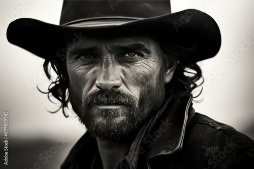 Intense cowboy portrait in black and white