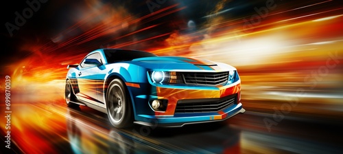 Colorful car tail lights and racing visuals on blurred bokeh for dynamic automotive scene. photo
