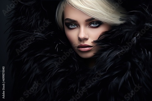 Glamorous woman with striking makeup wrapped in luxury fur