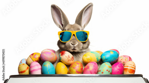 Cooler Osterhase mit Sonnenbrille schaut aus einem Auto das mit Ostereiern gefüllt ist.