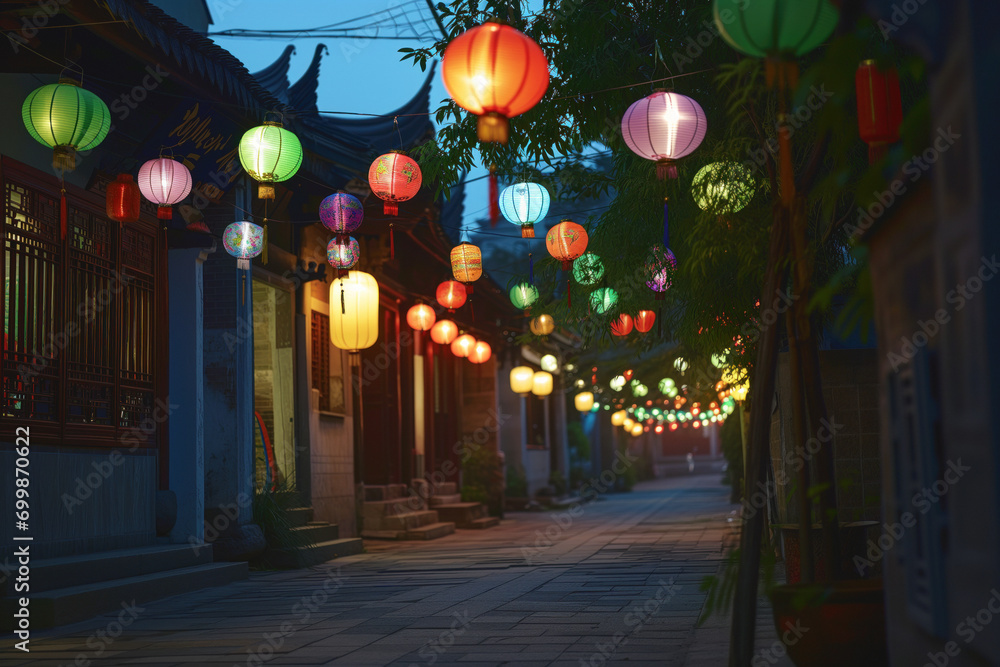 Paper lanterns hanging and decorating an empty street at sunset. Cozy and festive atmosphere during Chinese New Year.