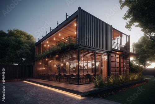 modern contemporary restaurant or cafe made from shipping container, Asian theme, Generative Ai photo