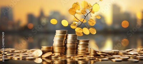 Golden tree of prosperity  blurred bokeh financial growth symbol with cityscape background photo