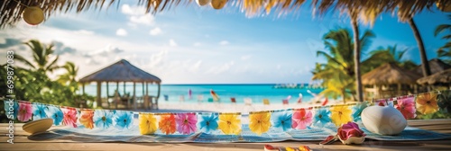 Bright and inviting beach scenes with blurred bokeh effect for travel and tourism background photo