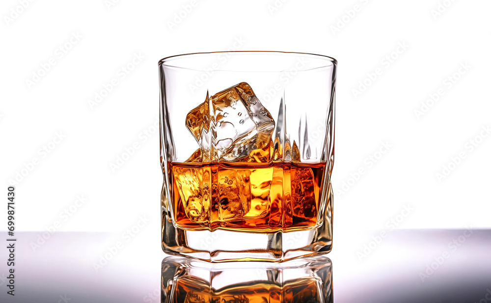 Glass of whiskey with ice cubes on a white background. Isolated