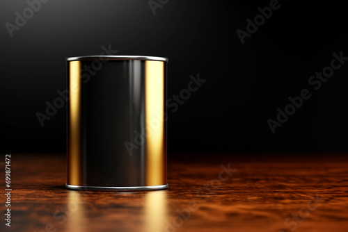 Tin can on wooden table, 3d render. Black background