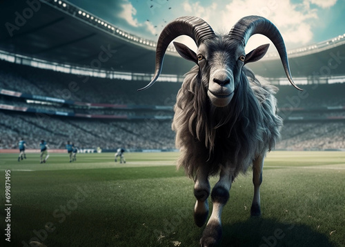 Goat on the field of stadium. Mixed media. 