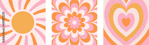 Groovy hippie 70s background set. Waves, swirl, twirl pattern with heart, sun, daisy flower. Twisted and distorted vector texture in a trendy retro psychedelic style. Pink, yellow, and orange colors