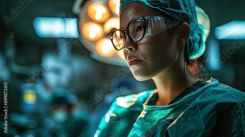 an Asian doctor in operating room, focused, surgical room lighting   photo