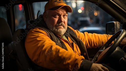 a man in a yellow jacket driving a car at night © progressman