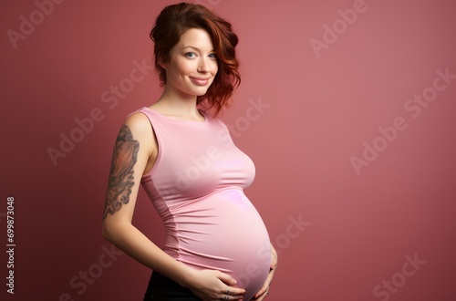a pregnant woman in a pink top