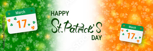 St.Patrick's Day vector banner template. Irish flag background with colorful clover leaves
